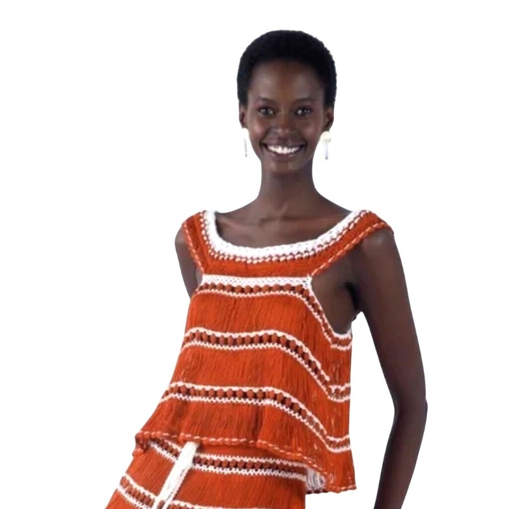 My Beachy Side Top Red Flame Rust Crochet Fringe Crop Boho Resort Small NEW - Picture 7 of 12